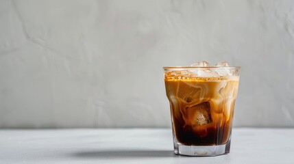 Iced coffee made with espresso served in a glass on a white table