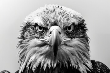 A monochrome image of an eagle perched on a branch