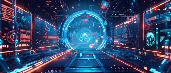 Fototapeta premium Modern Technology Concept : Futuristic digital tech architecture abstract blue hi tech theme for davertising or game artwork.