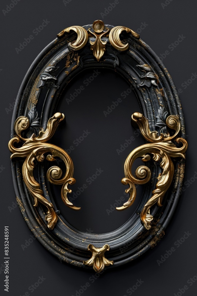 Poster a decorative picture frame with a black and gold design set against a dark background
