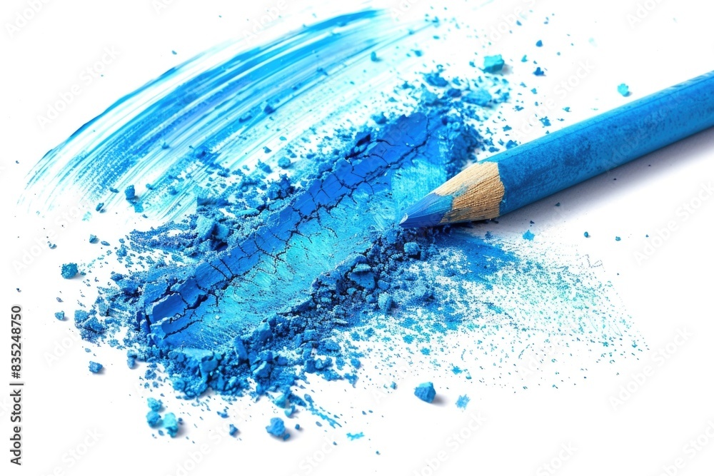 Poster a detailed view of a blue pencil and matching eraser, ideal for illustrations or design elements