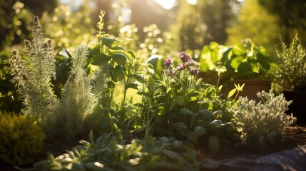 Obraz premium Photograph of a close-up view of a lush herb garden, capturing the intricate details of various medicinal herbs, their leaves, flowers, and stems, bathed in soft sunlight. 