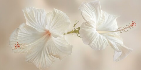 Close up of two white hibiscus flowers