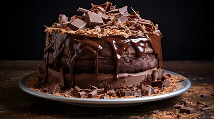 Obraz premium Photograph of a decadent chocolate cake, layered with rich chocolate frosting and topped with a cascade of chocolate shavings