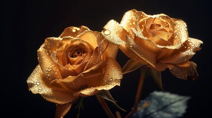 Beautiful golden roses with intricate petal details on a dark backdrop ideal for elegant floral arrangements and luxury-inspired visuals.