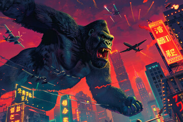 Neon-Drenched Nightlife: King Kong Playfully Chasing Surprised Airplanes