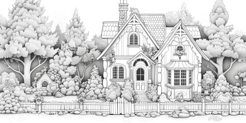 Obraz premium A simple illustration of a house surrounded by trees, depicted in monochrome
