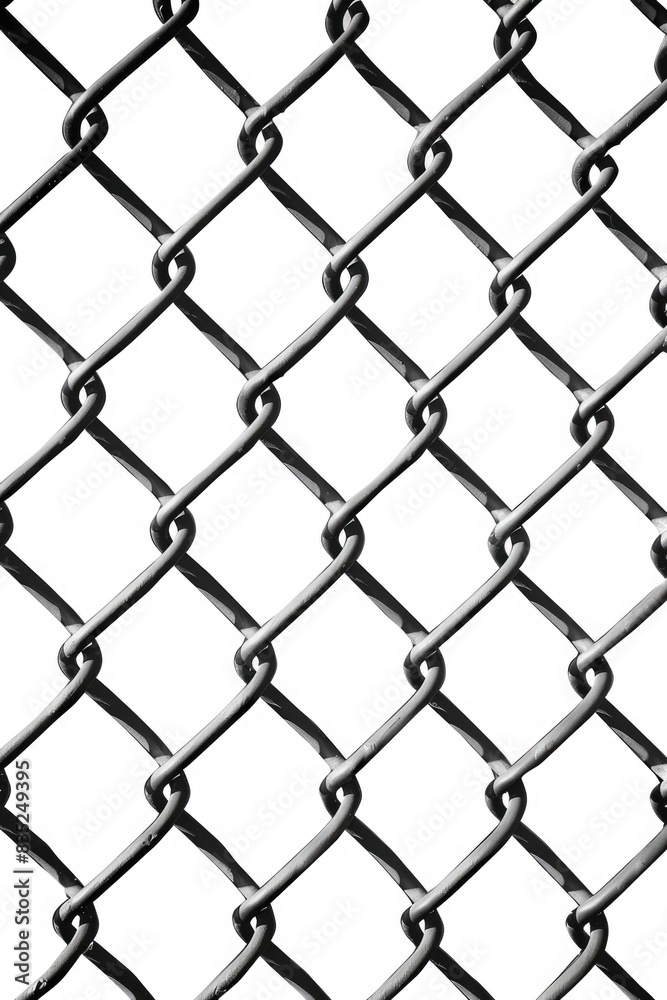 Poster a black and white image of a chain link fence, suitable for use in scenes where a urban or industria