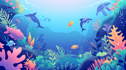 Fototapeta premium Vibrant underwater seascape scene with marine life, colorful coral reef with diverse fish species, perfect for World Oceans Day