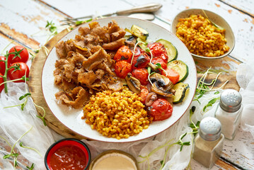 Delicious Sliced Beef With Roasted Vegetables And Groats