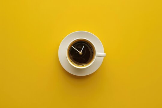 A person's morning routine starts with a cup of coffee and a glance at the clock
