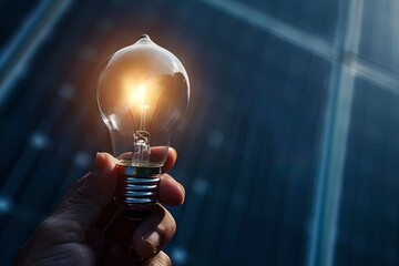 Hand holding a glowing light bulb against blurred background. Conceptual image signifying ideas and innovation. Close-up shot with focus on the bulb. Photos for creative and concept use. Generative AI