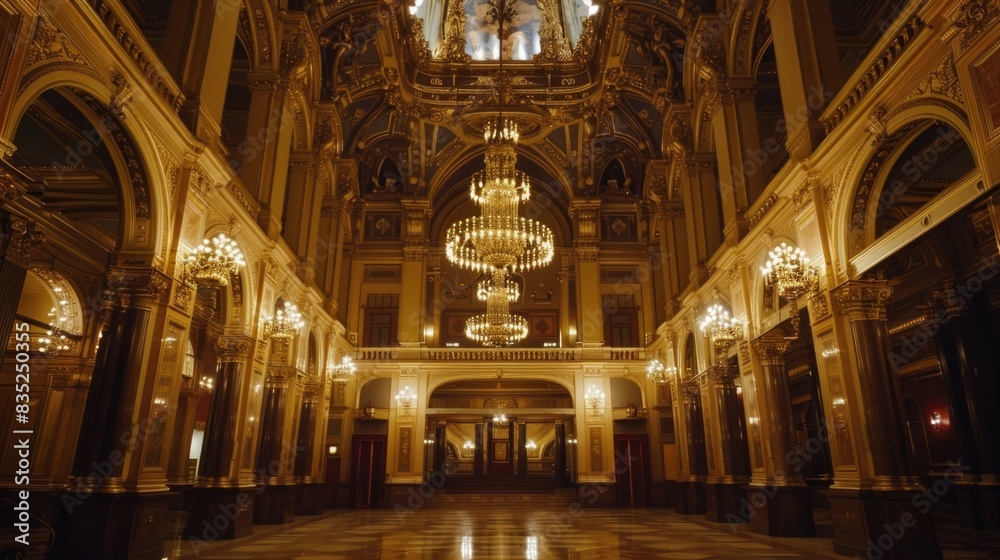 Aufkleber a luxurious ballroom with a grand chandelier and multiple smaller ones, perfect for formal events or
