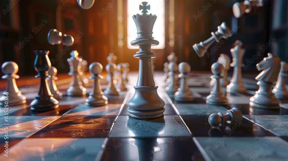 Poster a traditional chess board filled with various chess pieces, ready for a game