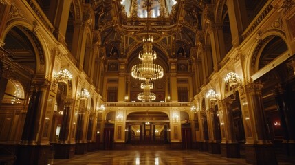 A luxurious ballroom with a grand chandelier and multiple smaller ones, perfect for formal events or upscale settings