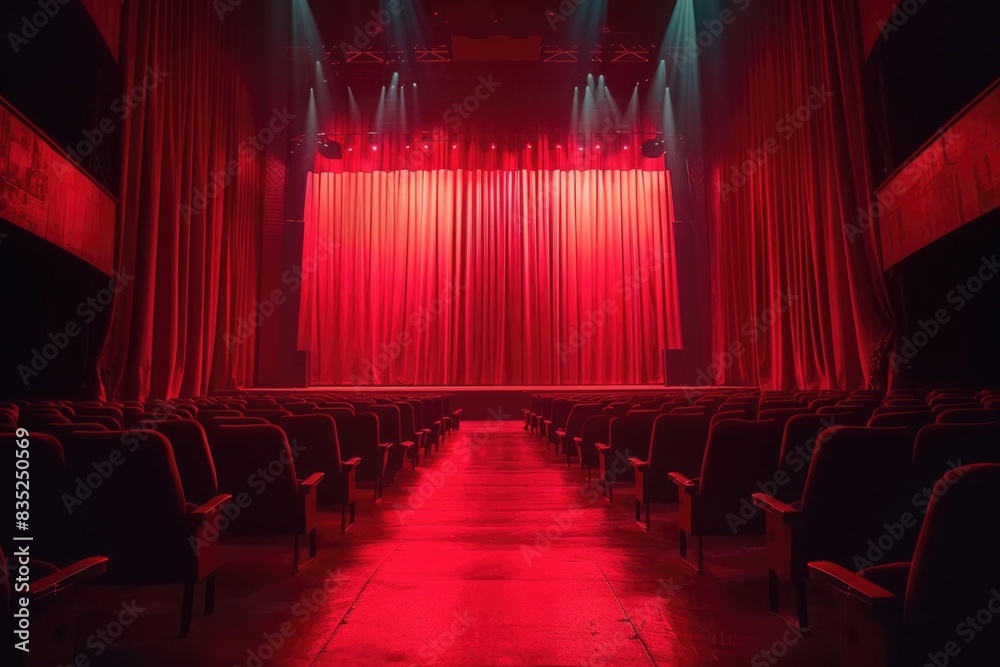 Poster a empty theater with red curtains and chairs
