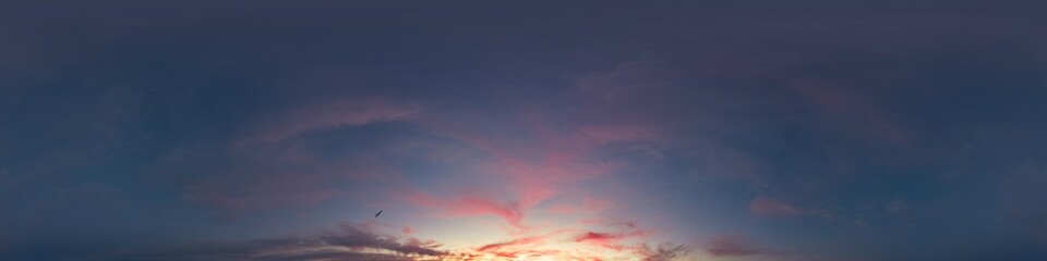 Dark sunset sky with glowing pink Cirrus clouds. Seamless spherical HDR 360 panorama. Full zenith...