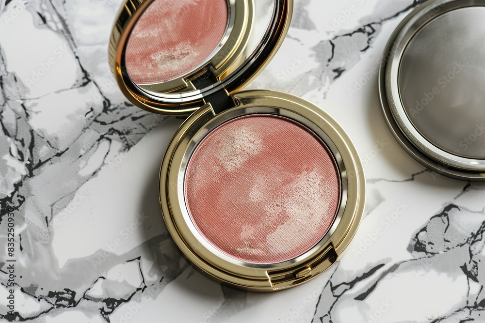 Poster a close-up of a gold compact case with a pink blush inside, sitting on a marble surface. generative 