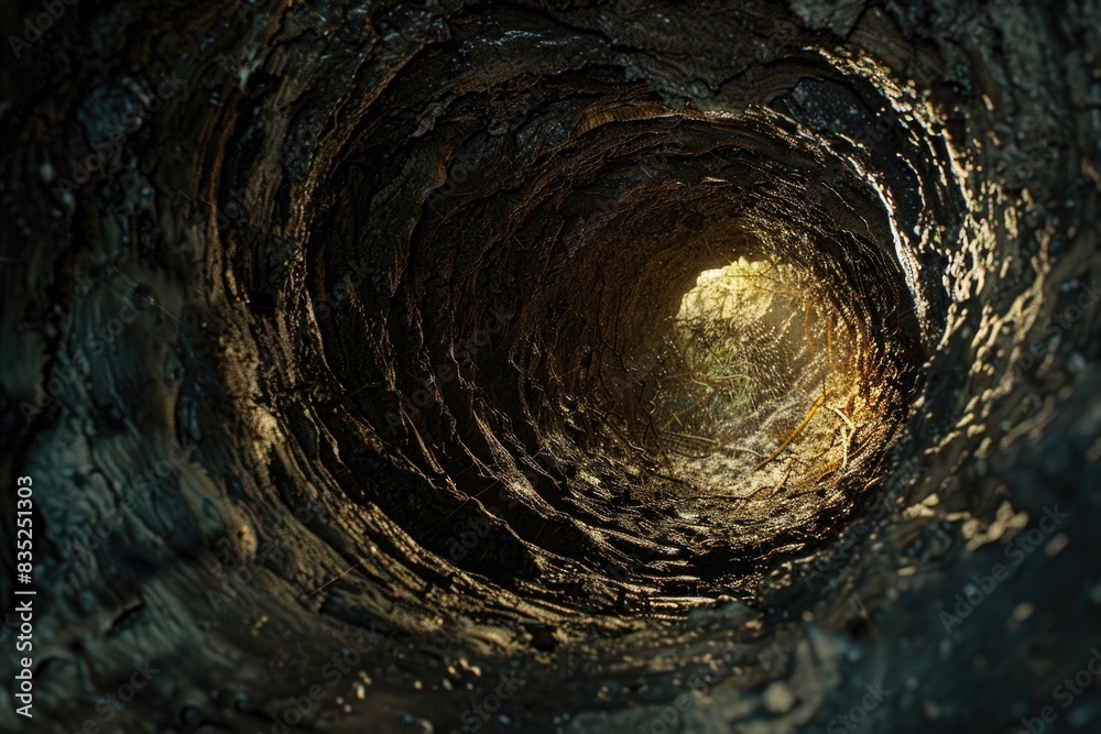 Poster A dark and mysterious tunnel with a beacon of light guiding the way, perfect for use in scenes where characters are navigating through challenging situations