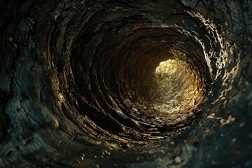 A dark and mysterious tunnel with a beacon of light guiding the way, perfect for use in scenes where characters are navigating through challenging situations