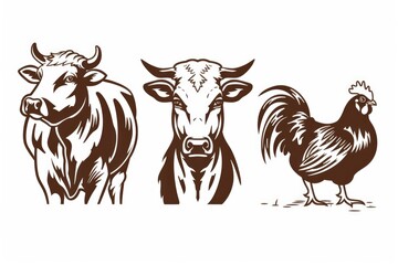 Naklejka premium A pair of cows and a rooster standing side by side, perhaps in a farm or rural setting