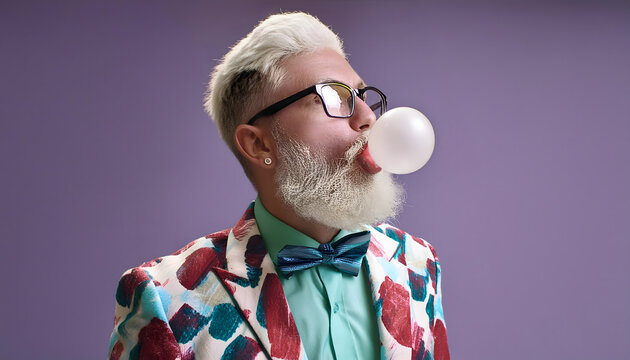 hipster, mit, grauem, bart, macht, Kaugummi, blase, tr&auml;gt, bunten, anzug, neu, modern, minimal, style, solid, background, studio, atelier, aufnahme, im, lila, pink, abstrakt, werbung, copy space, mann