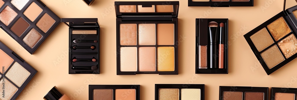 Aufkleber a flat lay of various contouring palettes and highlighters on a light background, showcasing rich co