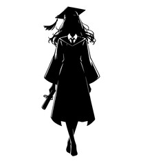 Silhouette graduating  woman holding diploma , graduate college girl wear cap hat with certificate 