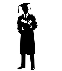 Silhouette graduating man with diploma, graduate man holding certificate   