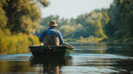 A man fisherman fishes on the lake while sitting in a boat