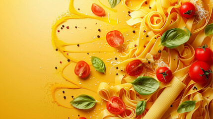 Beautiful background with cherry, basil and pasta, abstract wallpaper with spaghetti