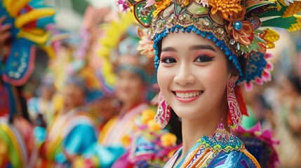 Fototapeta premium Cultural Street Parade: a colorful cultural street parade with traditional costumes, vibrant floats, and joyful participants, ideal for cultural events and diversity celebrations.