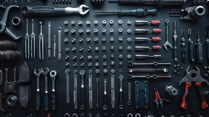 Fototapeta premium Precision engineering tools neatly arranged in a workshop kit