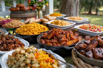 Obraz premium The Juneteenth picnic spread featured traditional foods, colorful dishes, an outdoor table, and a family gathering