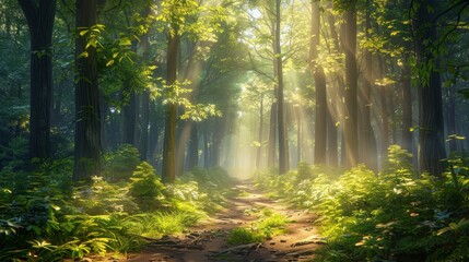 Obraz premium Lush Forest Path: Capture the serenity of a lush forest path with towering trees, dappled sunlight, and a winding trail, perfect for nature blogs