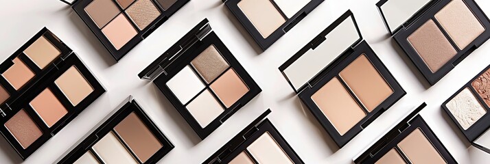 A collection of makeup palettes and highlighters arranged on a white background. Generative AI