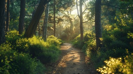 Lush Forest Path: Capture the serenity of a lush forest path with towering trees, dappled sunlight, and a winding trail, perfect for nature blogs