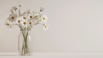 A beautiful arrangement of white daisies in a clear glass vase, placed against a white background