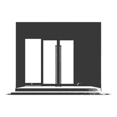 Minimalist Facade: Dark Building with Glass Doors & Steps in Black and White.