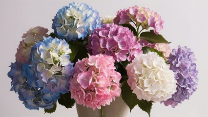 Fototapeta premium a beautiful bouquet of hydrangeas. the hydrangeas in full bloom, showcasing their large, round flower clusters with a mix of colors including blue, pink, purple, and white