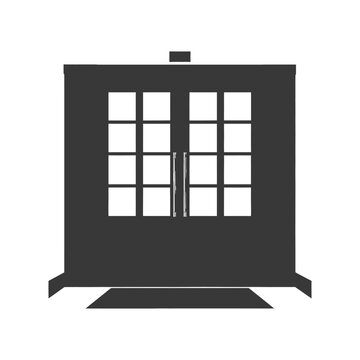 Iconic Time Machine Silhouette: Police Box with Gridded Windows, Dark Gray on White.