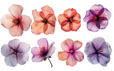 Collection of vibrant hibiscus flowers in various colors, isolated on white background. Great for botanical and floral designs.