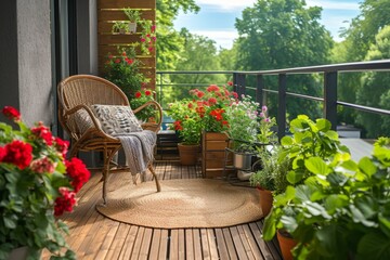 Fototapeta premium Beautiful balcony or terrace with wooden floor, chair and green potted flowers plants. Cozy relaxing area at home. Sunny stylish balcony terrace in the city