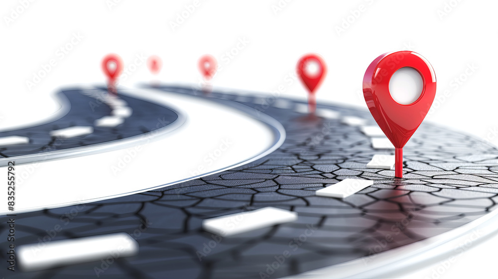 Aufkleber a digital illustration of a road with red location markers on a white-to-gray gradient background, s