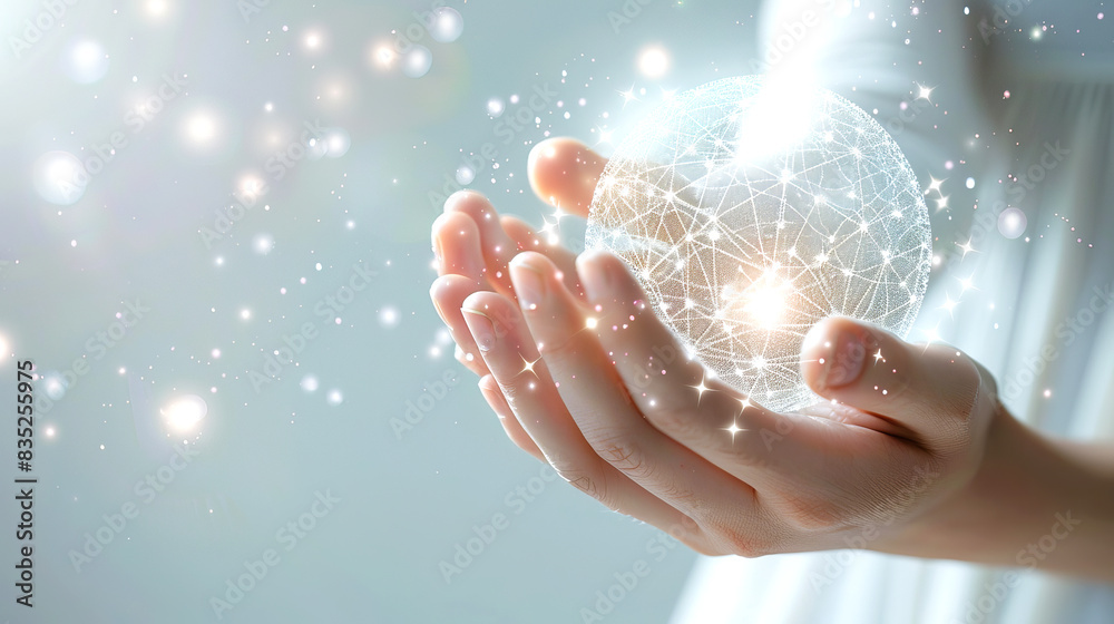 Aufkleber A hand holding a glowing wireframe globe with sparkles on a soft blue background, symbolizing global connectivity. Generative AI