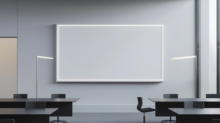 Minimalist office space with a blank white frame on a smooth, matte wall, complemented by modern black desks and innovative lighting.