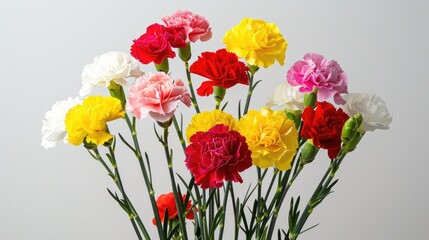 Obraz premium A bouquet of multicolored carnations, including red, yellow, pink, and white, arranged beautifully against a white backdrop