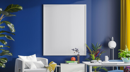 Modern workspace featuring a blank white frame on a cobalt blue wall, white minimalist furniture, and vibrant artwork.