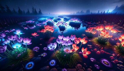 Fototapeta premium Night's Palette: A Surreal Floral Symphony in the Marsh