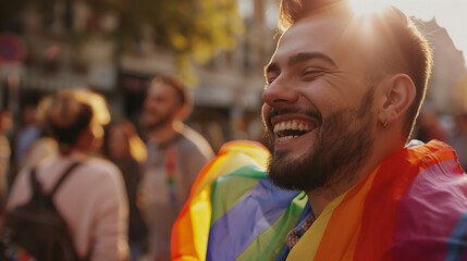 Caucasian european man with rainbow pride flag around neck. Laughing and smiling during a pride celebration party with friends in the city. Authentic image of a queer millenial man at pride month.